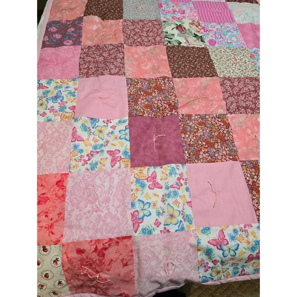 New Handmade Patchwork Quilt Pink Floral Butterflies Queen Bedding Cover /0190‎